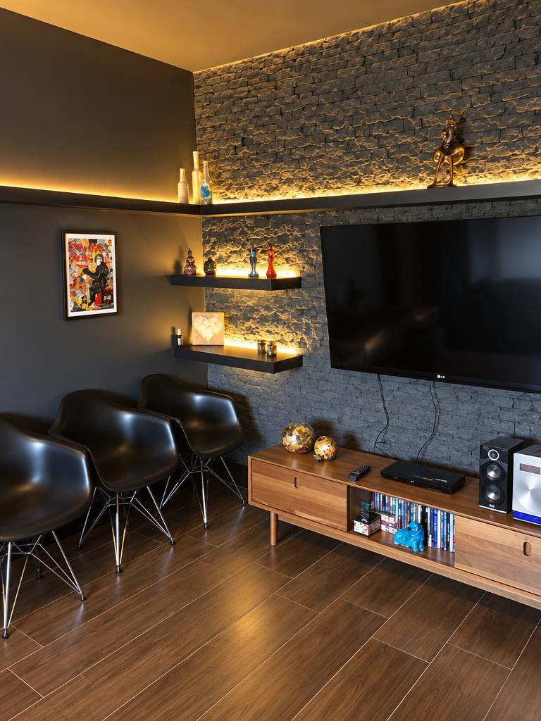 Sala de TV com rack em madeira e prateleiras iluminadas